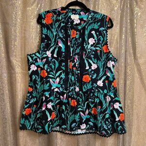 Kate Spade Black Floral Colorful Hummingbird Jardin Poplin Top XL